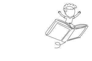 Continuous one line drawing happy smiling preschooler kid boy flying on big open book. Children riding magical flying book. Knowledge power concept. Single line draw design vector graphic illustration