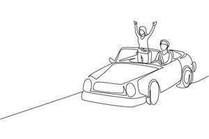 dibujo de una sola línea continua pareja feliz montando coche yendo de viaje por carretera. romántico hombre y mujer conduciendo en coche descapotable. pareja viajes de vacaciones de verano .. vector de diseño gráfico de dibujo dinámico de una línea