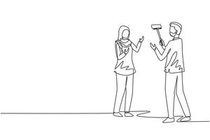 Continuous one line drawing Arabian girl makes video blog with cameraman on street. Woman blogger, journalist filming with smartphone and videographer. Single line draw design vector illustration