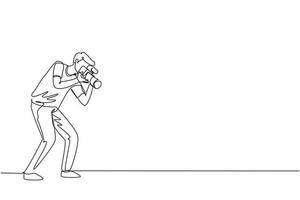 Single continuous line drawing funny professional photographer with camera taking photo with pose. Photographer character with camera digital. Dynamic one line draw graphic design vector illustration