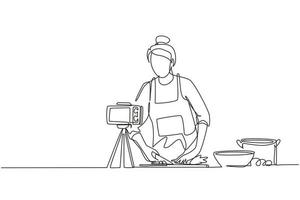 Single continuous line drawing food blogger. Chef cooking, recording video using camera. Online channel, stream. Woman teaches cooking new recipe. Culinary show. One line draw graphic design vector
