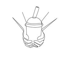 Continuous one line drawing hands holding drinking brown sugar flavor tapioca pearl bubble milk tea with glass straw in night market of Taiwan. Single line draw design vector graphic illustration