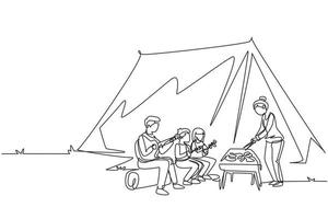 Single continuous line drawing happy family member are having barbecue in campsite. Father playing guitar, mother and kids preparing food for dinner at nature. One line draw design vector illustration