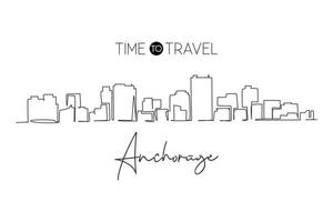 Continuous one line drawing Anchorage city skyline, Alaska. Historical town landscape in the world. Best holiday destination. Editable stroke trendy single line draw design vector graphic illustration