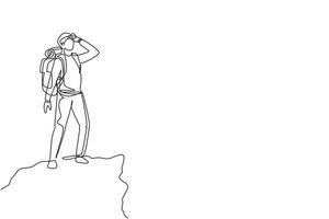 Continuous one line drawing man hiker at the top of the mountain looking into distance. Adventure in mountainous terrain. Exploration, hiking, adventure. Single line draw design vector illustration