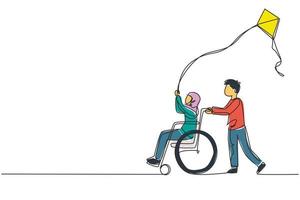 Single continuous line drawing happy child disabled concept. Hand drawn Arab boy pushing little girl in wheel chair with flying kite. Disabled has fun outside. One line draw design vector illustration