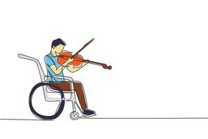 Single continuous line drawing disability and music. Man in wheelchair plays violin. Physically disabled, injured. Person in hospital. Rehabilitation center patient. One line draw design vector