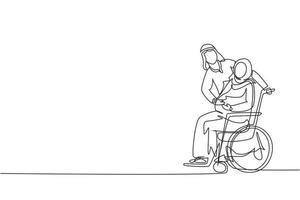 Continuous one line drawing Arabian male touching belly of disabled pregnant woman sitting on wheelchair. Happy family relations, pregnancy, loving people awaiting baby. Single line draw design vector