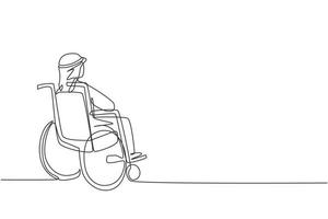 Continuous one line drawing back side of lonely old Arab man sitting on wheelchair, looking at distant dry autumn leaves in outside. Lonely, forlorn, desolate, lonesome. Single line draw design vector