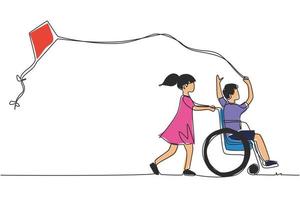 Single continuous line drawing happy child disabled concept. Hand drawn little girl pushing boy in wheel chair with flying kite. Disabled has fun outside. One line draw design vector illustration