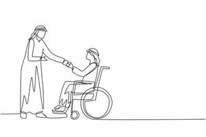 Single continuous line drawing disability employment, work for disabled people. Disable Arabian man sit in wheelchair shaking hand with colleague in office. One line draw design vector illustration