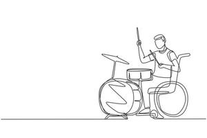 Single one line drawing disabled handsome man in wheelchair playing drum. Physically disabled. Person in hospital. Rehabilitation center patient. Continuous line draw design vector illustration