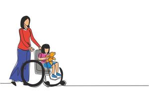 Continuous one line drawing mother with disabled daughter in wheelchair came for examination at clinic hospital. Mom helps child with disabilities. Single line draw design vector graphic illustration