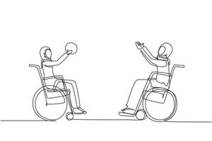 Continuous one line drawing joyful disabled young Arabian woman in wheelchair playing basketball. Concept of adaptive sports for disabled people. Single line draw design vector graphic illustration