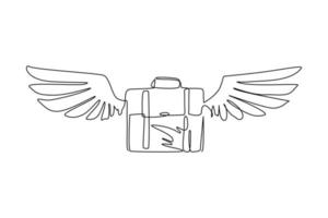 Single continuous line drawing briefcase with wings flat icon logo. Traveling suitcase in flight isolated. Symbol of tourism, luggage and trip. Dynamic one line draw graphic design vector illustration