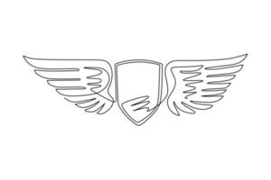 Single one line drawing winged shield logo. Flying shield with wings in the sky. Modern professional metal wings shield template logo design. Continuous line draw design graphic vector illustration