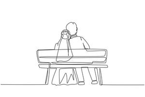 Single continuous line back view embracing married couple sitting on bench. Cute couple in relationship in love. Happy man hugging his partner woman. One line draw graphic design vector illustration