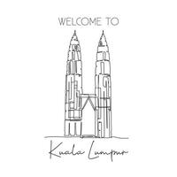 Depok, Indonesia - August 6, 2019 One continuous line drawing Twin Tower landmark. World iconic place in Kuala Lumpur, Malaysia. Holiday vacation wall decor poster print concept. Vector illustration