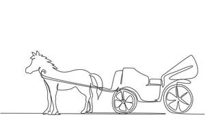 Single continuous line drawing vintage transportation, horse pulling carriage. vector