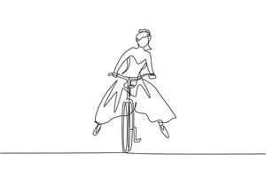 Single continuous line drawing happy young woman wearing wedding dress going to wedding celebration riding bicycle. Ecological, healthy vehicle of transportation. One line draw graphic design vector