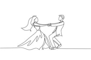 Single one line drawing happy cute married man and woman dancing on the floor at party park. Romantic young wedding couple holding hands and spinning around. Continuous line draw design graphic vector
