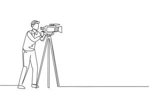 Single one line drawing professional cameraman, operator, videographer with camera. Shooting of movie production, broadcasting news or tv show live. Continuous line draw design vector illustration
