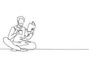 Single one line drawing smart Arab student preparing for exam. Man studying, reading textbooks, drink cup of coffee. Reader sitting on floor, learning. Continuous line draw design vector illustration