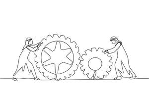 Continuous one line drawing two Arabic businessmen pushing big cogs together. Teamwork cooperation in gears mechanism. Men working on push gears, teamwork or leadership. Single line draw design vector