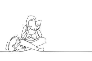 Single continuous line drawing happy young woman reading book sitting on floor. Smart female reader enjoying literature or studying and preparing for exam. One line draw design vector illustration