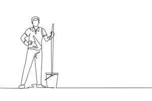 Single continuous line drawing young man with buckets and mops. Cleaning service. Male dressed in uniform with cleaning equipment. Professional cleaning staff. One line draw design vector illustration