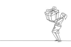 Continuous one line drawing young girl carry big gift box. Woman carrying a large gift box. Bonus or special offer. Present. Concept of celebration. Single line draw design vector graphic illustration