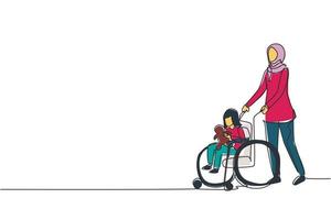 dibujo de una sola línea continua madre árabe con hija discapacitada en silla de ruedas vino para ser examinada en el hospital clínico. mamá ayuda a un niño con discapacidades. ilustración de vector de diseño de dibujo de una línea