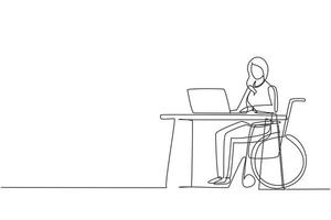 Single continuous line drawing young woman uses wheelchair, working with computer in office. Online job and startup. Physical disability and society. One line draw graphic design vector illustration