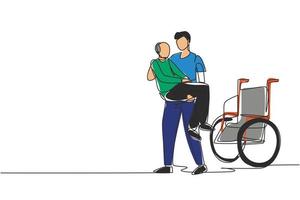 Single continuous line drawing loving son took his old disabled father from wheelchair carrying him in his arms. Happy senior man in hugs of his strong child. One line draw design vector illustration