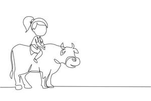 Continuous one line drawing happy little girl riding cow. Cheerful child sitting on back cow with saddle in ranch ground. Kids learning to ride cow. Single line draw design vector graphic illustration