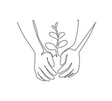 Single one line drawing farmer's hands growing young tree, save world, heal world, love nature. Ecology sapling tree growing up and planting on land. Continuous line draw design vector illustration