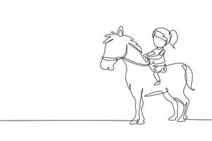 dibujo de una sola línea continua feliz linda chica montando lindo caballo. niño sentado a caballo con silla de montar en el parque del rancho. niños aprendiendo a montar a caballo. ilustración de vector de diseño gráfico de dibujo de una línea