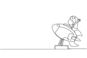 Single one line drawing little girl riding in toy rocket. Kid driving spaceship in amusement park. Child in rocket riding cosmic ship. Playground for kids. Continuous line draw design graphic vector