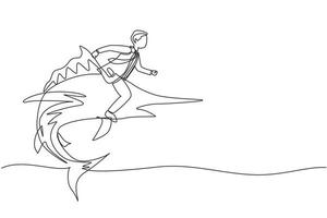 Continuous one line drawing brave businessman riding huge dangerous marlin fish. Professional entrepreneur male character fight with predator. Single line draw design vector graphic illustration