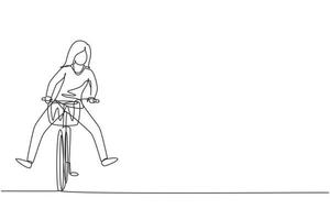 Single one line drawing happy young woman in casual clothes riding bicycle. Healthy and sport lifestyle. Ecological vehicle of transportation. Continuous line draw design graphic vector illustration