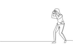 Single one line drawing woman photographer taking photo pose. Camera and professional operator, correspondent man. Female with camera making pictures. Continuous line draw design vector illustration