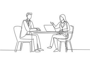 Single continuous line drawing woman journalist interviewing guy at desk. Microphone, discussion, speech. Social media, communication concept. Dynamic one line draw graphic design vector illustration