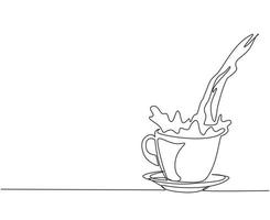Continuous one line drawing pouring cup of black coffee creating splash. Coffee spilling out of cup. Pour coffee into porcelain glass with steam cup. Single line draw design vector illustration