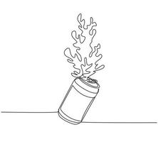 Continuous one line drawing cola splashing out of a aluminum can. Soda water splashing out of canned, fresh liquid or soda splash with fresh water drop. Single line draw design vector illustration