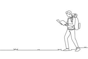 Continuous one line drawing man traveler with backpack and map walks to mountain. Tourist top goal achievement route. Male hiker outdoor and climbing peak. Single line draw design vector illustration