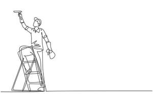 Continuous one line drawing cleaner standing on ladder, washing with sponge. Cleaning service, cleaning tools, washing sponge, house cleaning and housework. Single line draw design vector illustration