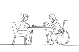 Single one line drawing disabled woman in wheelchair plays chess with friend. People on social adaptation, hobby, tolerance, inclusive, accessibility and diversity. Continuous line draw design vector