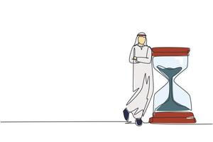 dibujo continuo de una línea hombre de negocios árabe se apoya en un enorme reloj de arena gigante. el tiempo es dinero concepto de inversión financiera. metáfora conceptual de la gestión del tiempo. ilustración de vector de diseño de dibujo de una sola línea