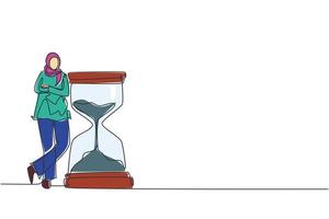 Single continuous line drawing happy Arab businesswoman lean on huge giant hourglass. Time is money financial investment. Time management conceptual metaphor. One line draw design vector illustration
