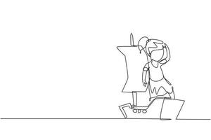 Single continuous line drawing little girl playing sailor with boat made of cardboard box. Creative kid character playing ship made of cardboard boxes. One line draw graphic design vector illustration